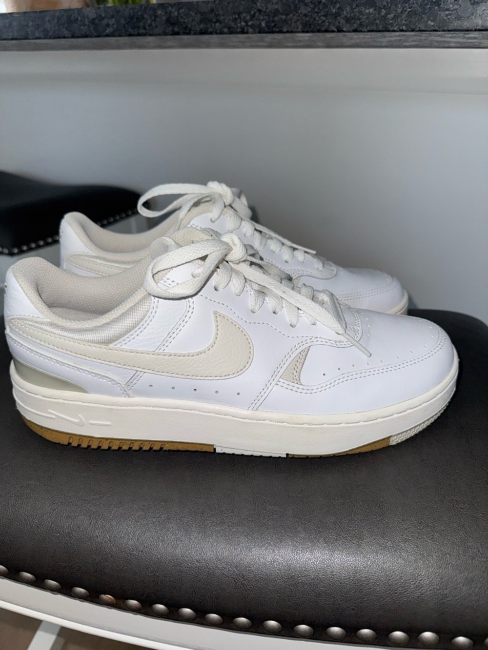Nike White Low-Top Sneakers with Cream Swoosh and Gum Outsole - Nike Court Shoe